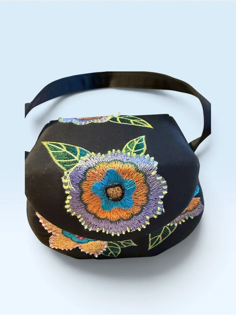 Black Embroidered Floral Clutch with Wristlet Strap